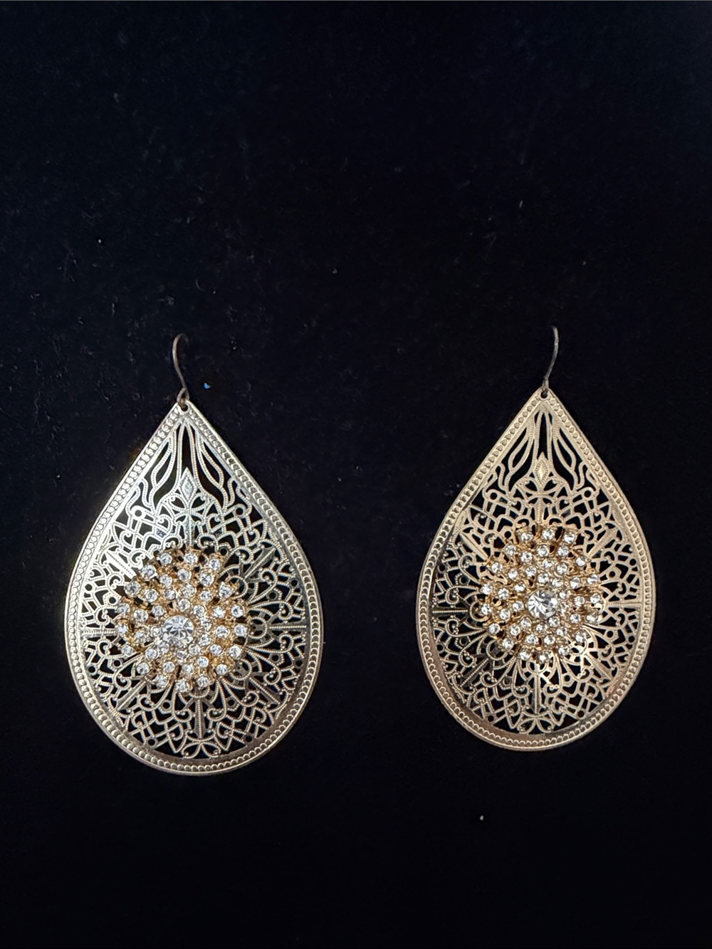 Gold Filigree Teardrop Crystal Statement Earrings - Unbranded